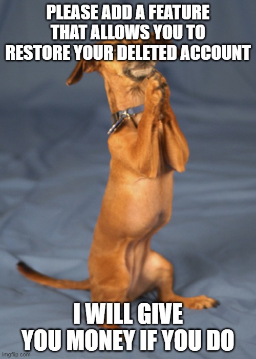 Even though they will make money. | PLEASE ADD A FEATURE THAT ALLOWS YOU TO RESTORE YOUR DELETED ACCOUNT; I WILL GIVE YOU MONEY IF YOU DO | image tagged in begging dog,memes,president_joe_biden | made w/ Imgflip meme maker