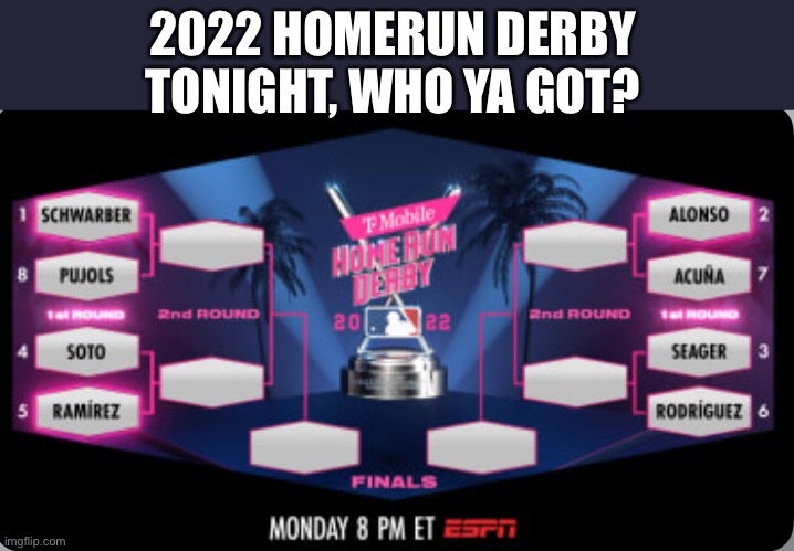 2022 Homerun Derby | 2022 HOMERUN DERBY TONIGHT, WHO YA GOT? | image tagged in mlb,baseball,homerun derby,2022,sports | made w/ Imgflip meme maker
