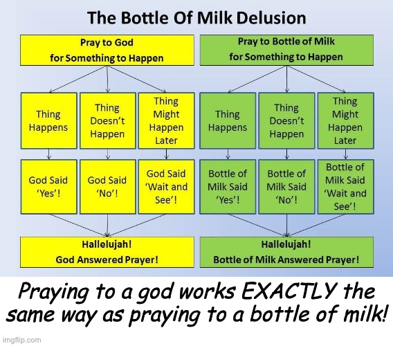 There is literally no difference. | Praying to a god works EXACTLY the same way as praying to a bottle of milk! | image tagged in god vs bottle of milk,atheism,prayer doesnt work | made w/ Imgflip meme maker