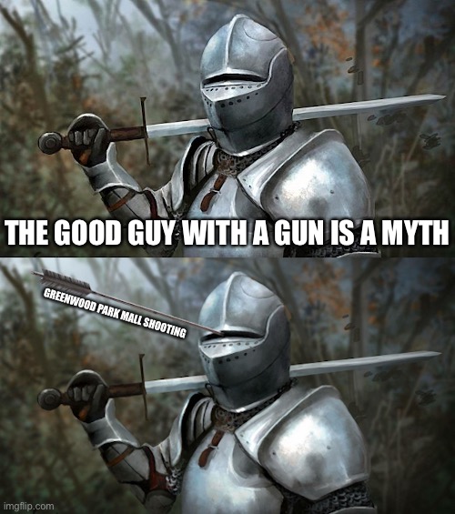 Prepared Paladin | THE GOOD GUY WITH A GUN IS A MYTH; GREENWOOD PARK MALL SHOOTING | image tagged in prepared paladin | made w/ Imgflip meme maker
