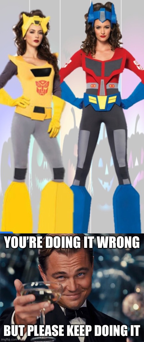 YOU’RE DOING IT WRONG; BUT PLEASE KEEP DOING IT | image tagged in leo toasting,cosplay,costume,transformers | made w/ Imgflip meme maker