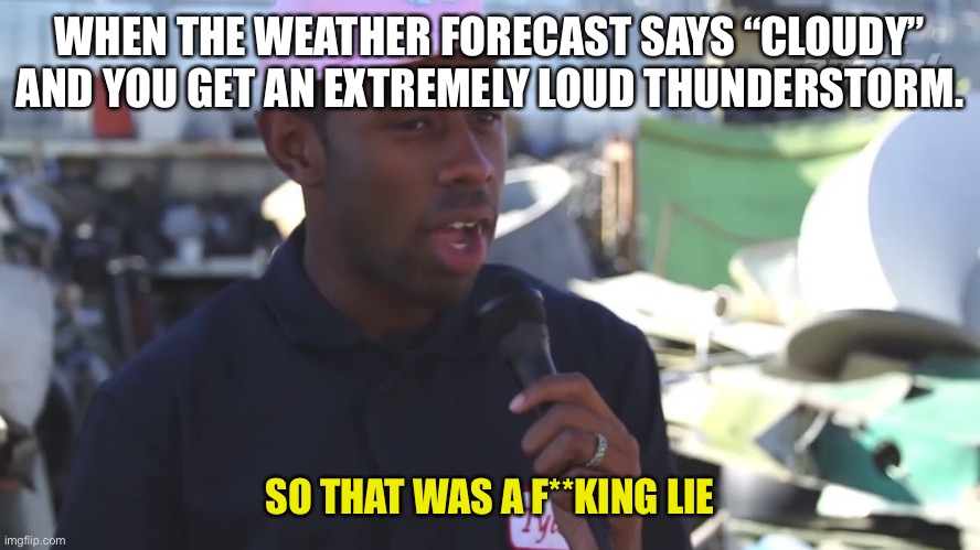 This Really Annoys Me | WHEN THE WEATHER FORECAST SAYS “CLOUDY” AND YOU GET AN EXTREMELY LOUD THUNDERSTORM. SO THAT WAS A F**KING LIE | image tagged in so that was a lie,weather,thunderstorm | made w/ Imgflip meme maker