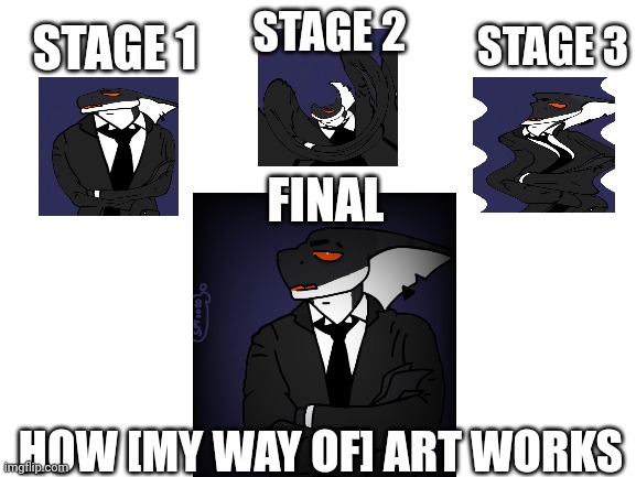 "What are the stages of your art process?" Why thank you for asking! | STAGE 2; STAGE 3; STAGE 1; FINAL; HOW [MY WAY OF] ART WORKS | image tagged in blank white template | made w/ Imgflip meme maker