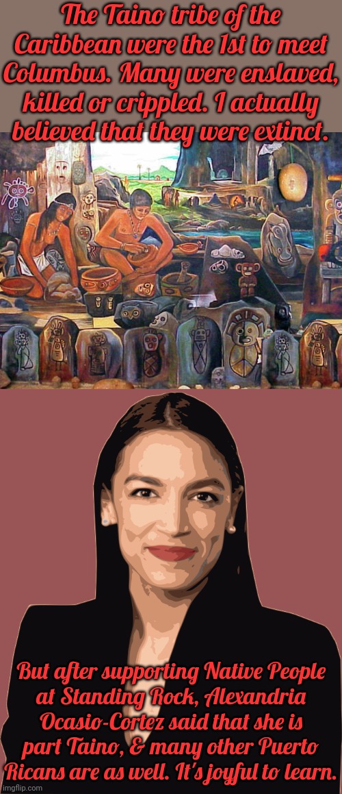 1 of many lies I was taught in history class. | The Taino tribe of the Caribbean were the 1st to meet Columbus. Many were enslaved, killed or crippled. I actually believed that they were extinct. But after supporting Native People
at Standing Rock, Alexandria Ocasio-Cortez said that she is part Taino, & many other Puerto Ricans are as well. It's joyful to learn. | image tagged in tainos,aoc,genocide,survive | made w/ Imgflip meme maker