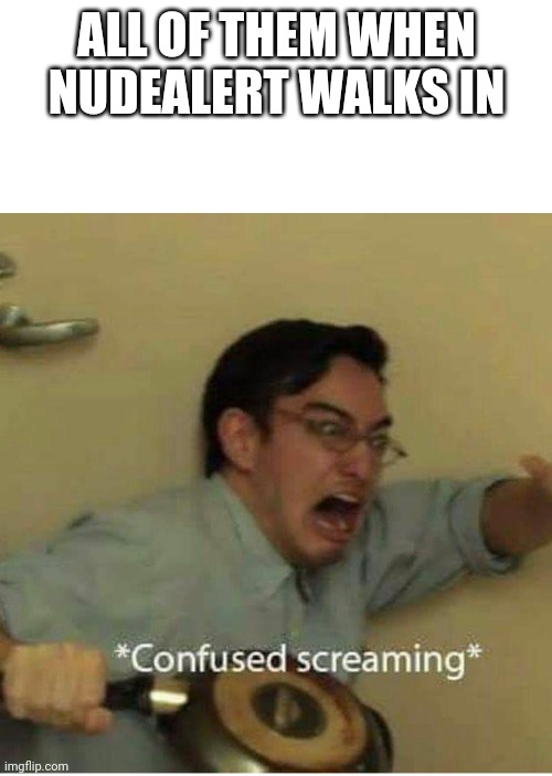 confused screaming | ALL OF THEM WHEN NUDEALERT WALKS IN | image tagged in confused screaming | made w/ Imgflip meme maker