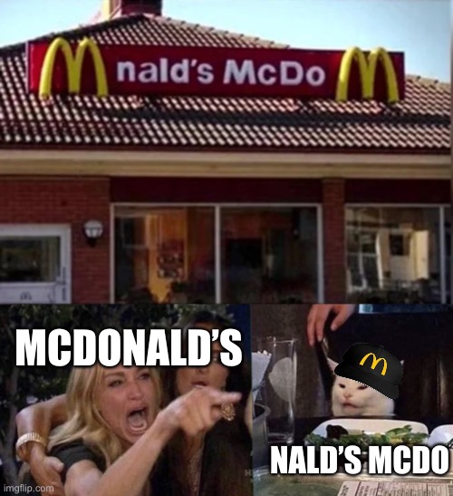 Nalds mcdo | MCDONALD’S; NALD’S MCDO | image tagged in woman yelling at cat,mcdonalds,funny memes,ronald mcdonald,nalds mcdo,oh wow are you actually reading these tags | made w/ Imgflip meme maker
