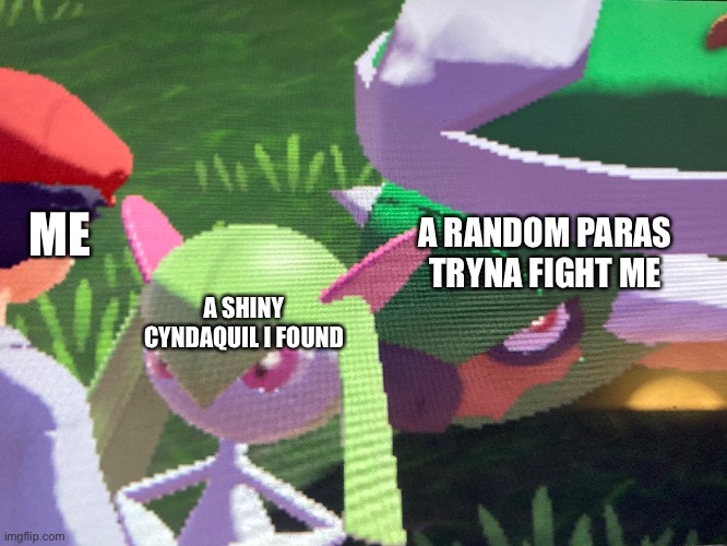 Bruh paras fr | A RANDOM PARAS TRYNA FIGHT ME; ME; A SHINY CYNDAQUIL I FOUND | image tagged in pokemon logic,bruh moment | made w/ Imgflip meme maker