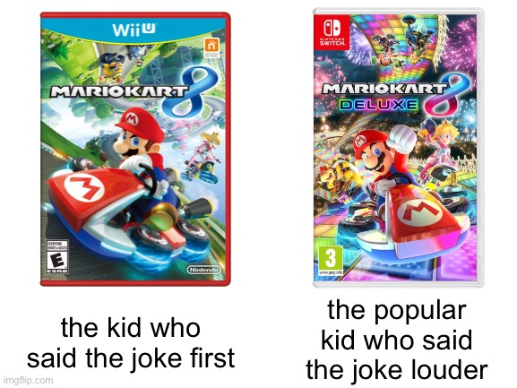 Blank White Template |  the popular kid who said the joke louder; the kid who said the joke first | image tagged in mario kart 8,mario kart,nintendo switch,nintendo,mario,oh wow are you actually reading these tags | made w/ Imgflip meme maker