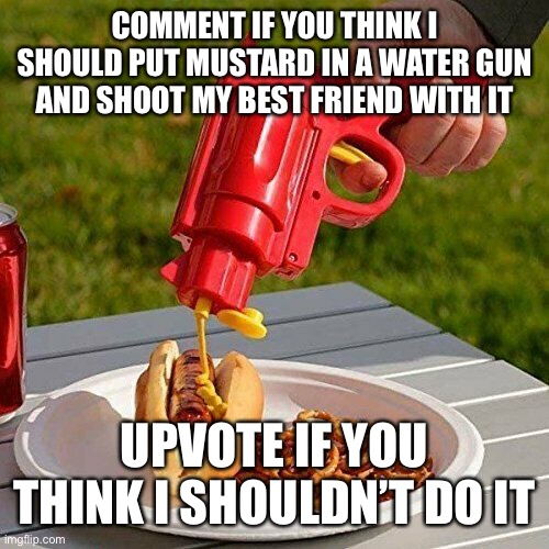 Mustard Gun |  COMMENT IF YOU THINK I SHOULD PUT MUSTARD IN A WATER GUN AND SHOOT MY BEST FRIEND WITH IT; UPVOTE IF YOU THINK I SHOULDN’T DO IT | image tagged in mustard,gun,water,best friends,oof,why did i make this | made w/ Imgflip meme maker