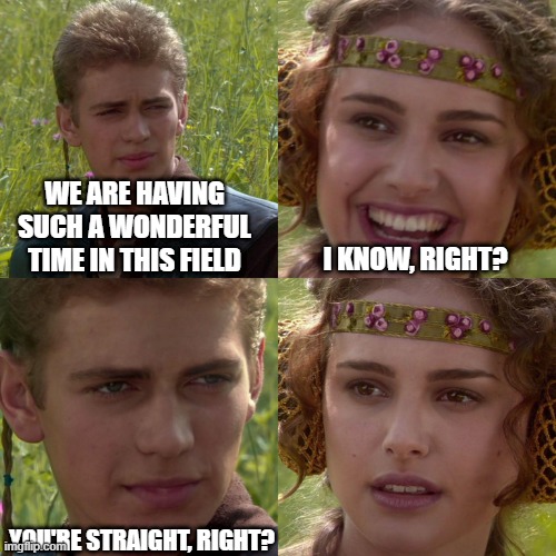 Anakin Padme 4 Panel | WE ARE HAVING SUCH A WONDERFUL TIME IN THIS FIELD; I KNOW, RIGHT? YOU'RE STRAIGHT, RIGHT? | image tagged in anakin padme 4 panel | made w/ Imgflip meme maker