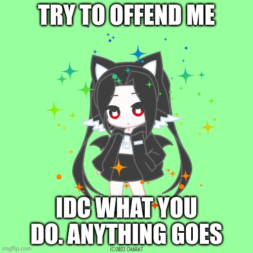 Charat.me oc | TRY TO OFFEND ME; IDC WHAT YOU DO. ANYTHING GOES | image tagged in charat me oc | made w/ Imgflip meme maker