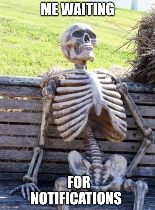 Hmm, I know I'm not the only one... | ME WAITING; FOR NOTIFICATIONS | image tagged in memes,waiting skeleton,imgflip | made w/ Imgflip meme maker