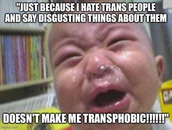 Funny crying baby! | "JUST BECAUSE I HATE TRANS PEOPLE AND SAY DISGUSTING THINGS ABOUT THEM; DOESN'T MAKE ME TRANSPHOBIC!!!!!!" | image tagged in funny crying baby | made w/ Imgflip meme maker
