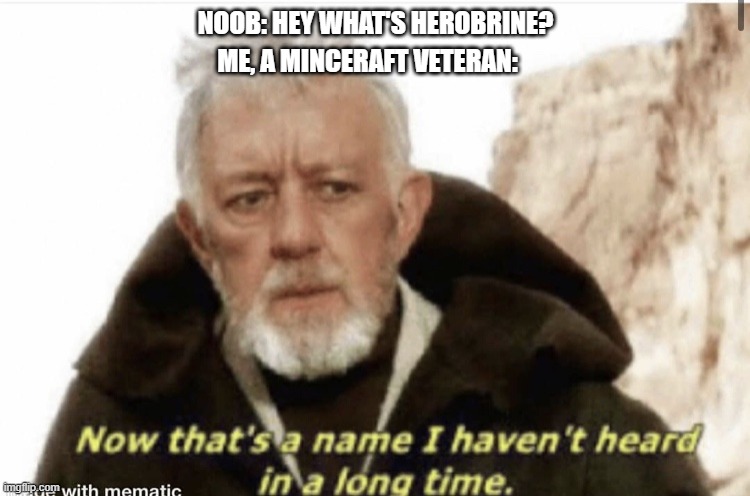Now that’s a name I haven’t heard in years | NOOB: HEY WHAT'S HEROBRINE? ME, A MINCERAFT VETERAN: | image tagged in now that s a name i haven t heard in years,herobrine,memes,noobs,funny,video games | made w/ Imgflip meme maker
