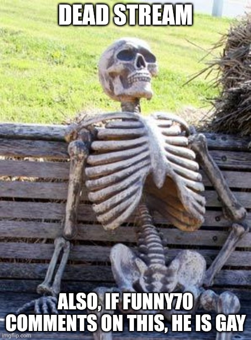 (Funny70: what) | DEAD STREAM; ALSO, IF FUNNY70 COMMENTS ON THIS, HE IS GAY | image tagged in memes,waiting skeleton | made w/ Imgflip meme maker
