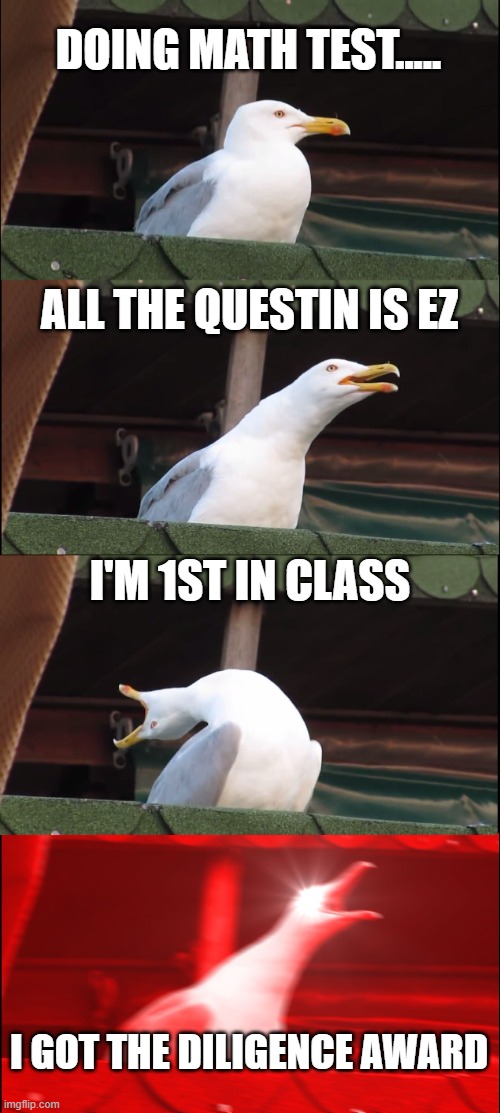 math test | DOING MATH TEST..... ALL THE QUESTIN IS EZ; I'M 1ST IN CLASS; I GOT THE DILIGENCE AWARD | image tagged in memes,inhaling seagull | made w/ Imgflip meme maker