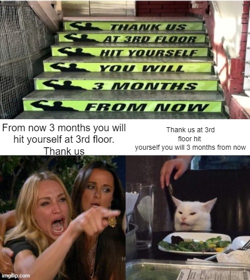 FLKjasdjfasdfasdf | Thank us at 3rd floor hit 
yourself you will 3 months from now; From now 3 months you will
hit yourself at 3rd floor.
Thank us | image tagged in memes,woman yelling at cat | made w/ Imgflip meme maker