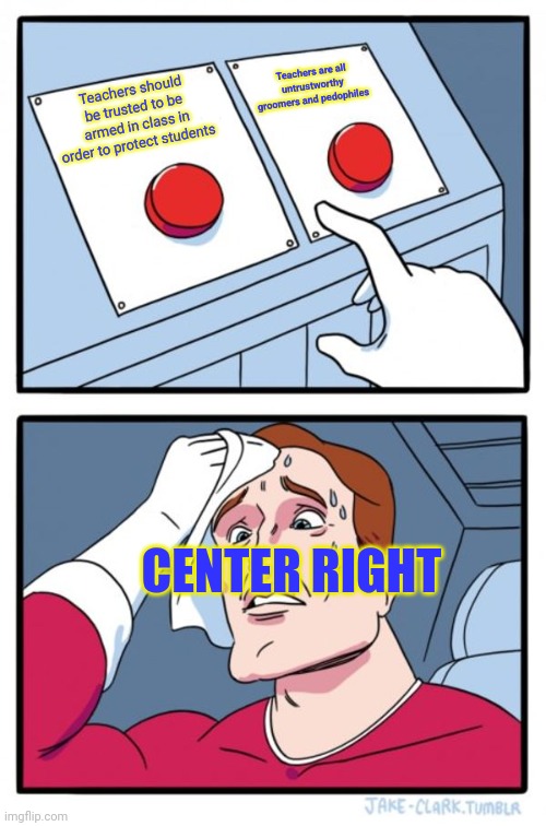 Two Buttons Meme | Teachers are all untrustworthy groomers and pedophiles; Teachers should be trusted to be armed in class in order to protect students; CENTER RIGHT | image tagged in memes,two buttons,PoliticalCompassMemes | made w/ Imgflip meme maker