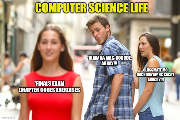 Distracted Boyfriend | COMPUTER SCIENCE LIFE; *IKAW NA MAG-COCODE:
ARRAY!!! CLASSMATE MO:
NAGHIHINTAY NG SAGOT.
ARAGUY!!! *FINALS EXAM
CHAPTER CODES EXERCISES | image tagged in memes,distracted boyfriend | made w/ Imgflip meme maker