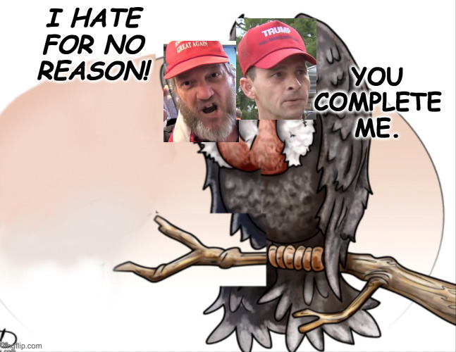 We got a creepy kind of love. | I HATE
FOR NO
REASON! YOU
COMPLETE
ME. | image tagged in two-headed vulture,memes,creepy republicans,not all republicans,but most of them | made w/ Imgflip meme maker