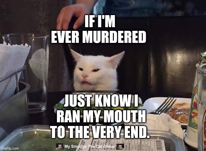 IF I'M EVER MURDERED; JUST KNOW I RAN MY MOUTH TO THE VERY END. | image tagged in smudge the cat | made w/ Imgflip meme maker