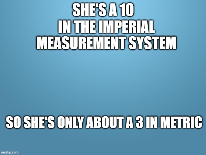 i used Feet to Meters conversion here, so she's technically a 3.048 |  IN THE IMPERIAL MEASUREMENT SYSTEM; SHE'S A 10; SO SHE'S ONLY ABOUT A 3 IN METRIC | image tagged in shes a 10,she's a 10,metric,funny | made w/ Imgflip meme maker
