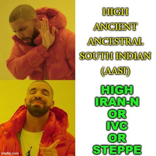 High Ancient Ancestral South Indian (AASI); High Iran-N or IVC or Steppe | HIGH
ANCIENT
ANCESTRAL
SOUTH INDIAN
(AASI); HIGH
IRAN-N
OR
IVC
OR
STEPPE | image tagged in drake blank | made w/ Imgflip meme maker