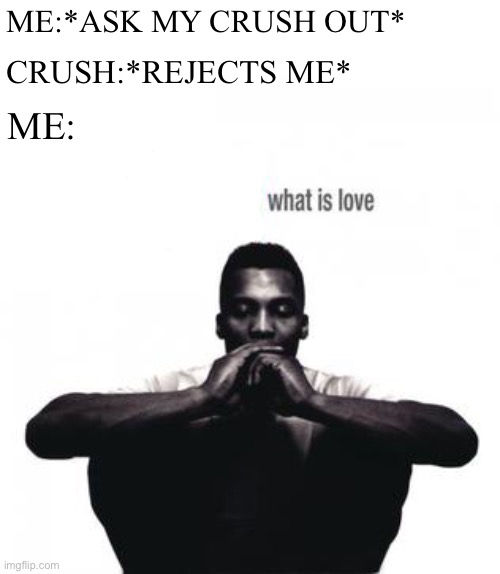 ME:*ASK MY CRUSH OUT*; CRUSH:*REJECTS ME*; ME: | image tagged in haddaway,what is love,crush | made w/ Imgflip meme maker