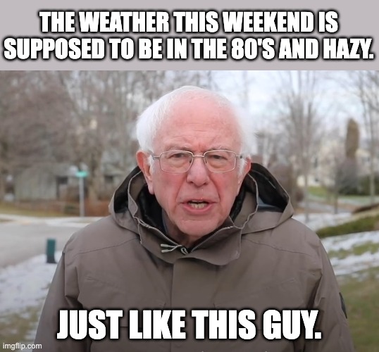 Hazy | THE WEATHER THIS WEEKEND IS SUPPOSED TO BE IN THE 80'S AND HAZY. JUST LIKE THIS GUY. | image tagged in bernie sanders once again asking | made w/ Imgflip meme maker