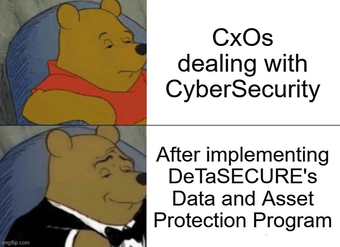 Tuxedo Winnie The Pooh | CxOs dealing with CyberSecurity; After implementing
DeTaSECURE's Data and Asset Protection Program | image tagged in memes,tuxedo winnie the pooh | made w/ Imgflip meme maker