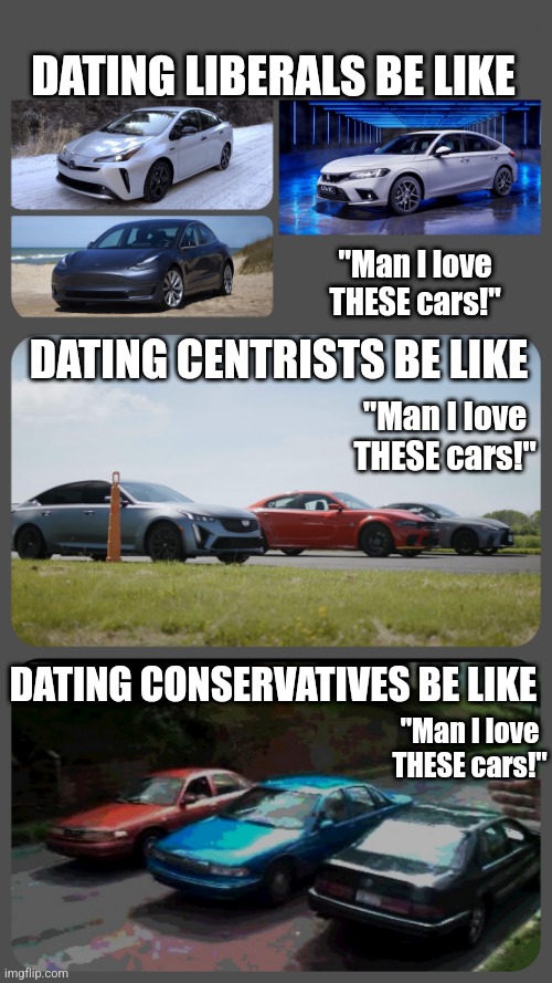 If dating a partners was like driving a car | DATING LIBERALS BE LIKE; "Man I love THESE cars!"; DATING CENTRISTS BE LIKE; "Man I love THESE cars!"; DATING CONSERVATIVES BE LIKE; "Man I love THESE cars!" | image tagged in cars,liberals,conservatives | made w/ Imgflip meme maker