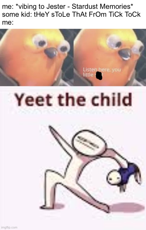 absolutely NOBODY shall disrupt me while vibing to 1990's Amiga tracker music >:( | me: *vibing to Jester - Stardust Memories*
some kid: tHeY sToLe ThAt FrOm TiCk ToCk
me: | image tagged in listen here you little shit bird,single yeet the child panel,anger,music | made w/ Imgflip meme maker
