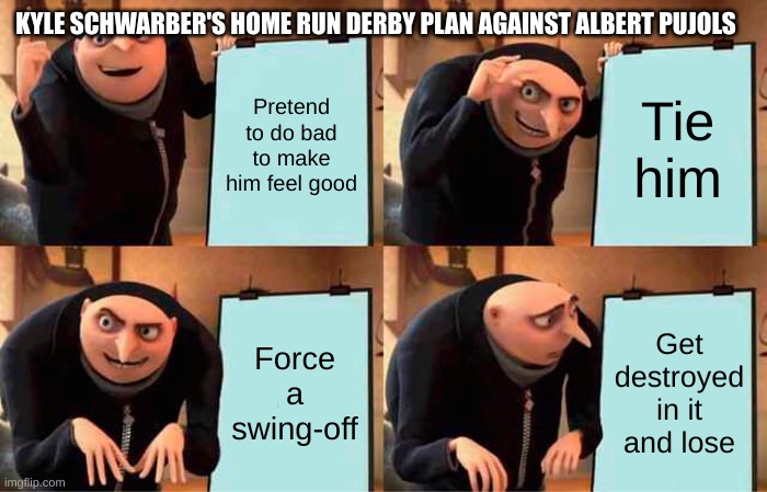 Fakts | KYLE SCHWARBER'S HOME RUN DERBY PLAN AGAINST ALBERT PUJOLS; Pretend to do bad to make him feel good; Tie him; Force a swing-off; Get destroyed in it and lose | image tagged in memes,gru's plan | made w/ Imgflip meme maker