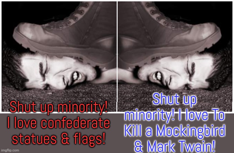 The difference between politics stream & politicsTOO | Shut up minority! I love To Kill a Mockingbird & Mark Twain! Shut up minority! I love confederate statues & flags! | image tagged in right vs left,hypocrisy,they're the same picture,passive aggressive racism | made w/ Imgflip meme maker