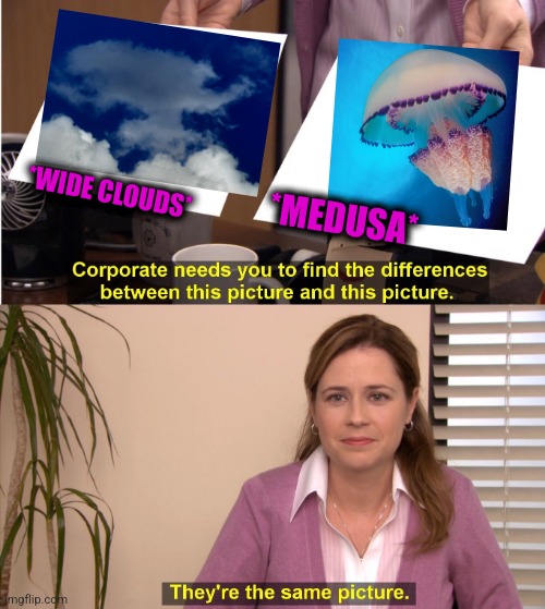 -Jellyfish. | *WIDE CLOUDS*; *MEDUSA* | image tagged in memes,they're the same picture,clouds,windy,cold weather,medusa | made w/ Imgflip meme maker