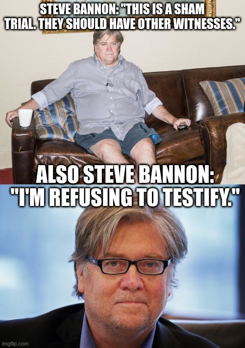Maybe he should start a gofundme for his defense fund | STEVE BANNON: "THIS IS A SHAM TRIAL. THEY SHOULD HAVE OTHER WITNESSES."; ALSO STEVE BANNON: "I'M REFUSING TO TESTIFY." | image tagged in steve bannon | made w/ Imgflip meme maker