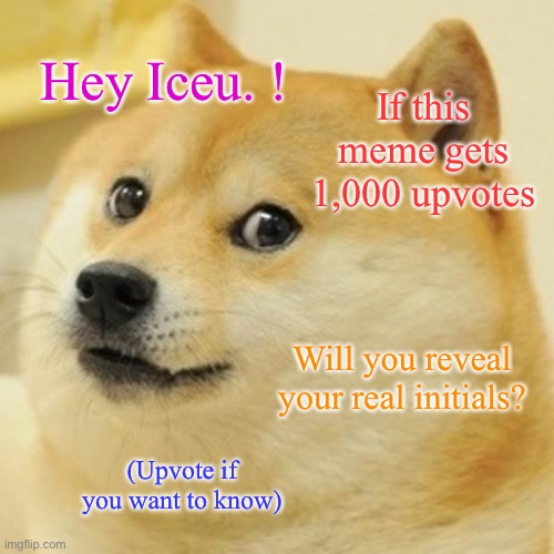 I don’t know | Hey Iceu. ! If this meme gets 1,000 upvotes; Will you reveal your real initials? (Upvote if you want to know) | image tagged in memes,doge | made w/ Imgflip meme maker