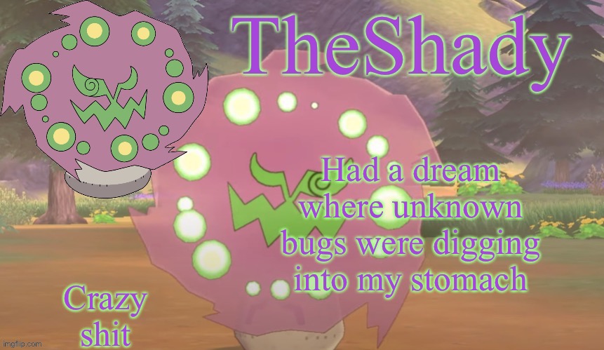 TheShady spiritomb temp | Had a dream where unknown bugs were digging into my stomach; Crazy shit | image tagged in theshady spiritomb temp | made w/ Imgflip meme maker