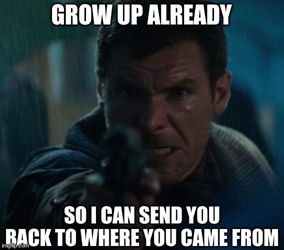 Angry Man with a Gun | GROW UP ALREADY SO I CAN SEND YOU BACK TO WHERE YOU CAME FROM | image tagged in angry man with a gun | made w/ Imgflip meme maker