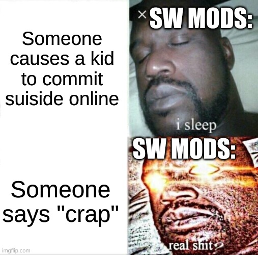Sleeping Shaq Meme | Someone causes a kid to commit suiside online Someone says "crap" SW MODS: SW MODS: | image tagged in memes,sleeping shaq | made w/ Imgflip meme maker