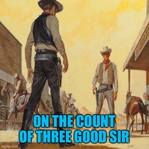 western duel | ON THE COUNT OF THREE GOOD SIR | image tagged in western duel | made w/ Imgflip meme maker