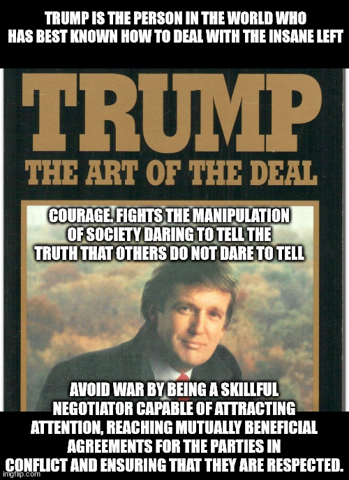 The art of the deal | TRUMP IS THE PERSON IN THE WORLD WHO HAS BEST KNOWN HOW TO DEAL WITH THE INSANE LEFT; COURAGE. FIGHTS THE MANIPULATION OF SOCIETY DARING TO TELL THE TRUTH THAT OTHERS DO NOT DARE TO TELL; AVOID WAR BY BEING A SKILLFUL NEGOTIATOR CAPABLE OF ATTRACTING ATTENTION, REACHING MUTUALLY BENEFICIAL AGREEMENTS FOR THE PARTIES IN CONFLICT AND ENSURING THAT THEY ARE RESPECTED. | image tagged in trump the art of the deal,politics,memes,donald trump | made w/ Imgflip meme maker