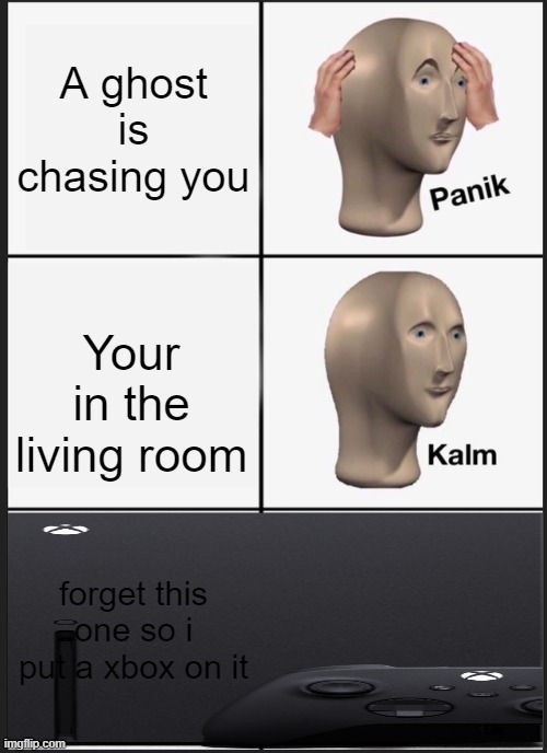 Panik Kalm Panik | A ghost is chasing you; Your in the living room; forget this one so i put a xbox on it | image tagged in memes,panik kalm panik | made w/ Imgflip meme maker