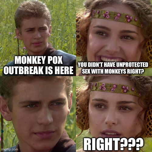 Anakin Padme 4 Panel | MONKEY POX OUTBREAK IS HERE; YOU DIDN'T HAVE UNPROTECTED SEX WITH MONKEYS RIGHT? RIGHT??? | image tagged in anakin padme 4 panel | made w/ Imgflip meme maker