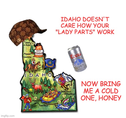 2/3+ of Idaho GOP voted against saving moms' lives (Inspired by Slobama) | IDAHO DOESN'T CARE HOW YOUR "LADY PARTS" WORK; NOW BRING ME A COLD ONE, HONEY | image tagged in abortion,women's rights,health care,idaho,scumbag,gop | made w/ Imgflip meme maker