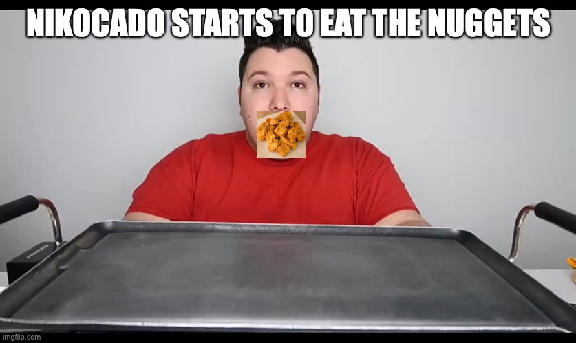 Nikocado avocado Mukbang | NIKOCADO STARTS TO EAT THE NUGGETS | image tagged in nikocado avocado mukbang | made w/ Imgflip meme maker