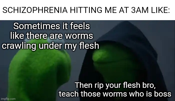 Evil Kermit | SCHIZOPHRENIA HITTING ME AT 3AM LIKE:; Sometimes it feels like there are worms crawling under my flesh; Then rip your flesh bro, teach those worms who is boss | image tagged in memes,evil kermit | made w/ Imgflip meme maker