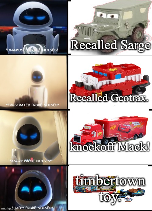 The Worst To Best Toys And Recalls. | Recalled Sarge; Recalled Geotrax. knockoff Mack! timbertown toy. | image tagged in eve hotline bling | made w/ Imgflip meme maker
