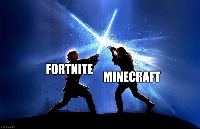 Fortnite vs. Minecraft | MINECRAFT; FORTNITE | image tagged in lightsaber battle | made w/ Imgflip meme maker