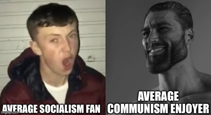 Insert title here | AVERAGE SOCIALISM FAN; AVERAGE COMMUNISM ENJOYER | image tagged in average enjoyer meme | made w/ Imgflip meme maker